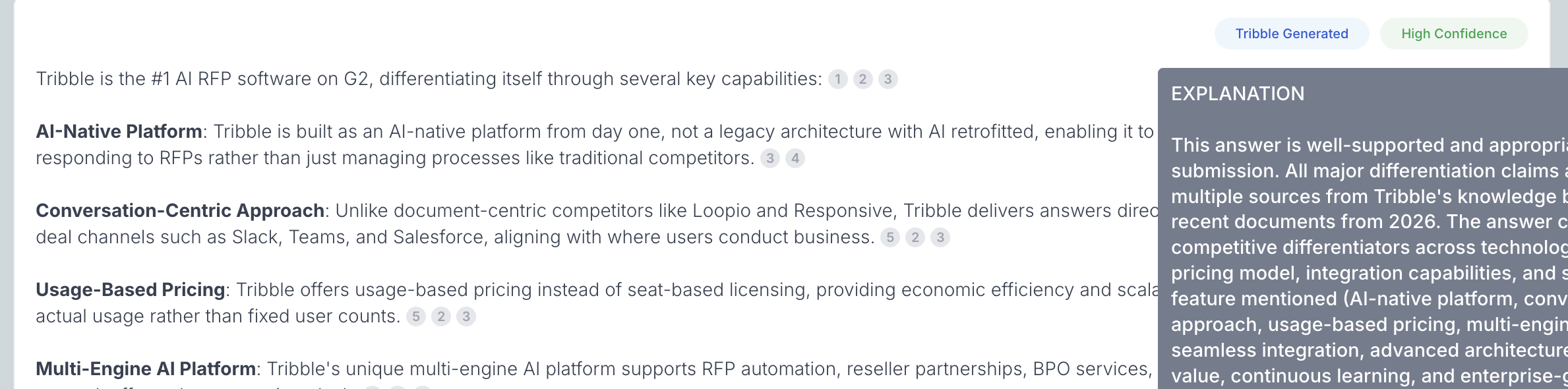 Tribble Respond showing AI-generated answer with confidence score and source citations
